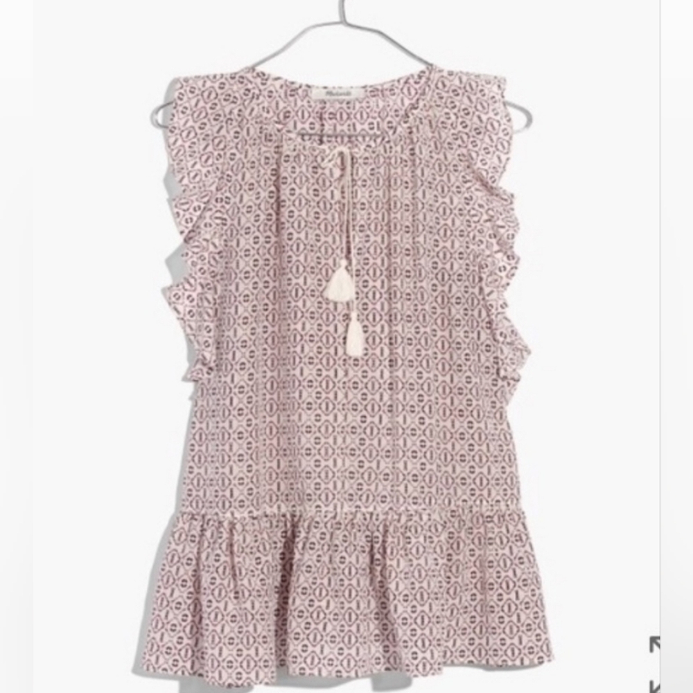 Madewell Silk Lily Ruffle Top Echo Grid | M | Sleeveless Peplum Tassel Blouse